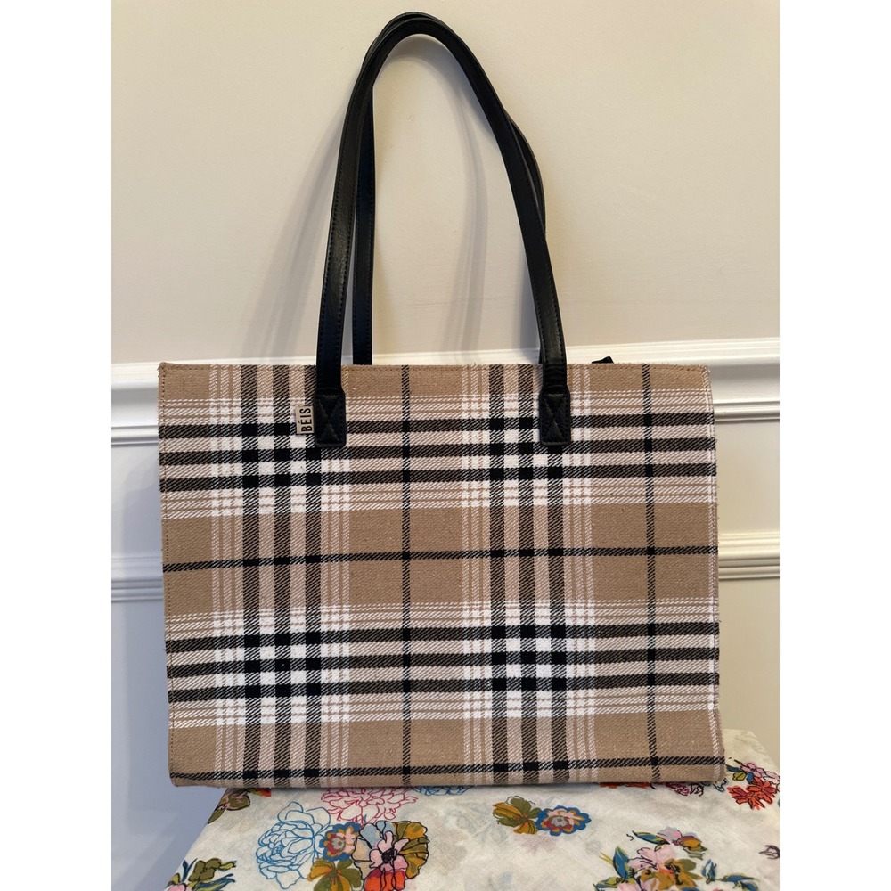 Beis The Work Tote in Plaid with Shoulder Strap Discontinued Colorway